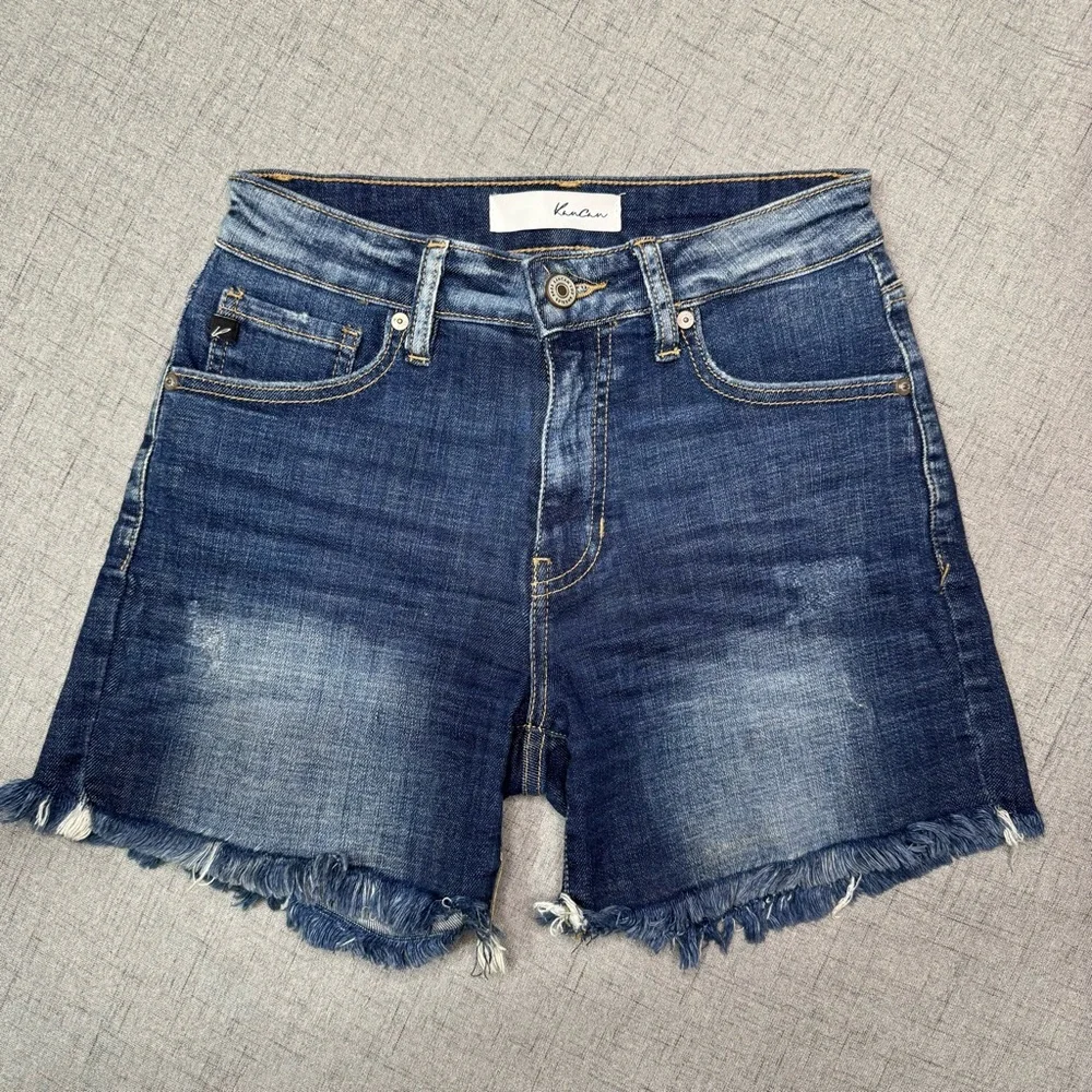 KanCan High Rise Frayed Hem Distressed Jean Shorts Dark Blue Size Small